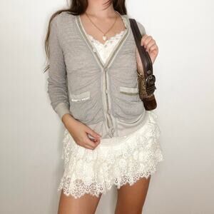 Y2k gray cardigan with eyelet cutout details and slouchy pockets size small